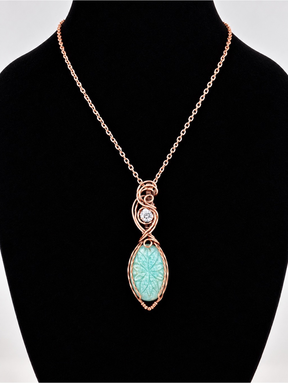 HANDMADE Carved Amazonite CZ Copper Wire Wrapped Pendant Necklace, Jewelry Gift